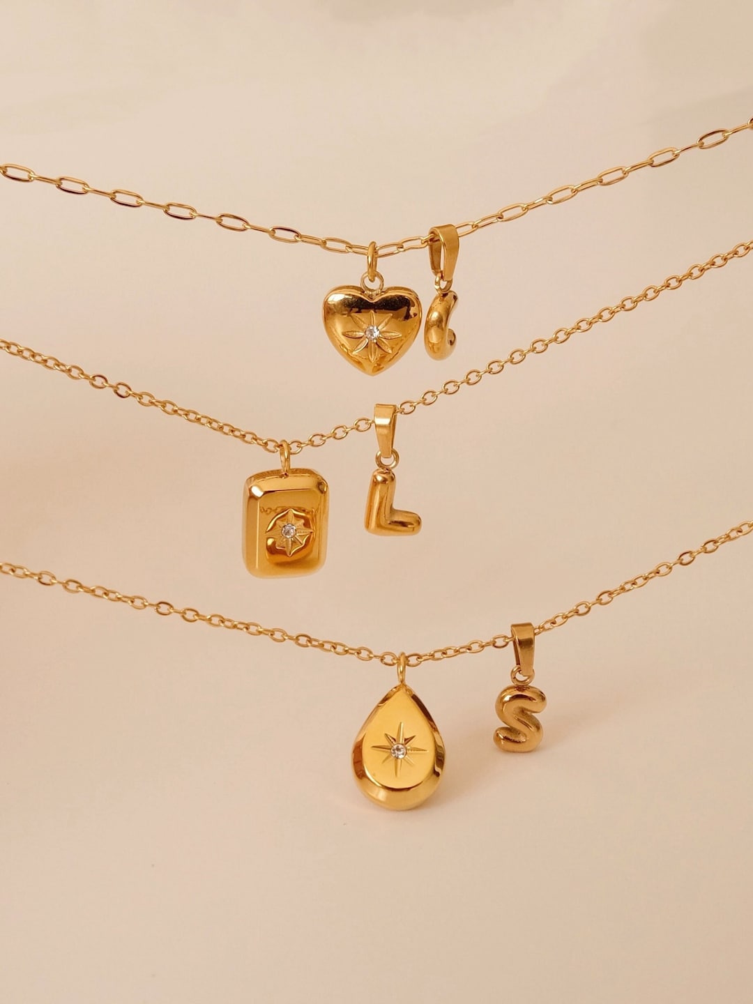 [TATIANA] 韓国アクセ☆Levrado Heart Lock Cham Necklace Gold Filled Square Teardrop Heart Necklace, 18k Gold Cz Star