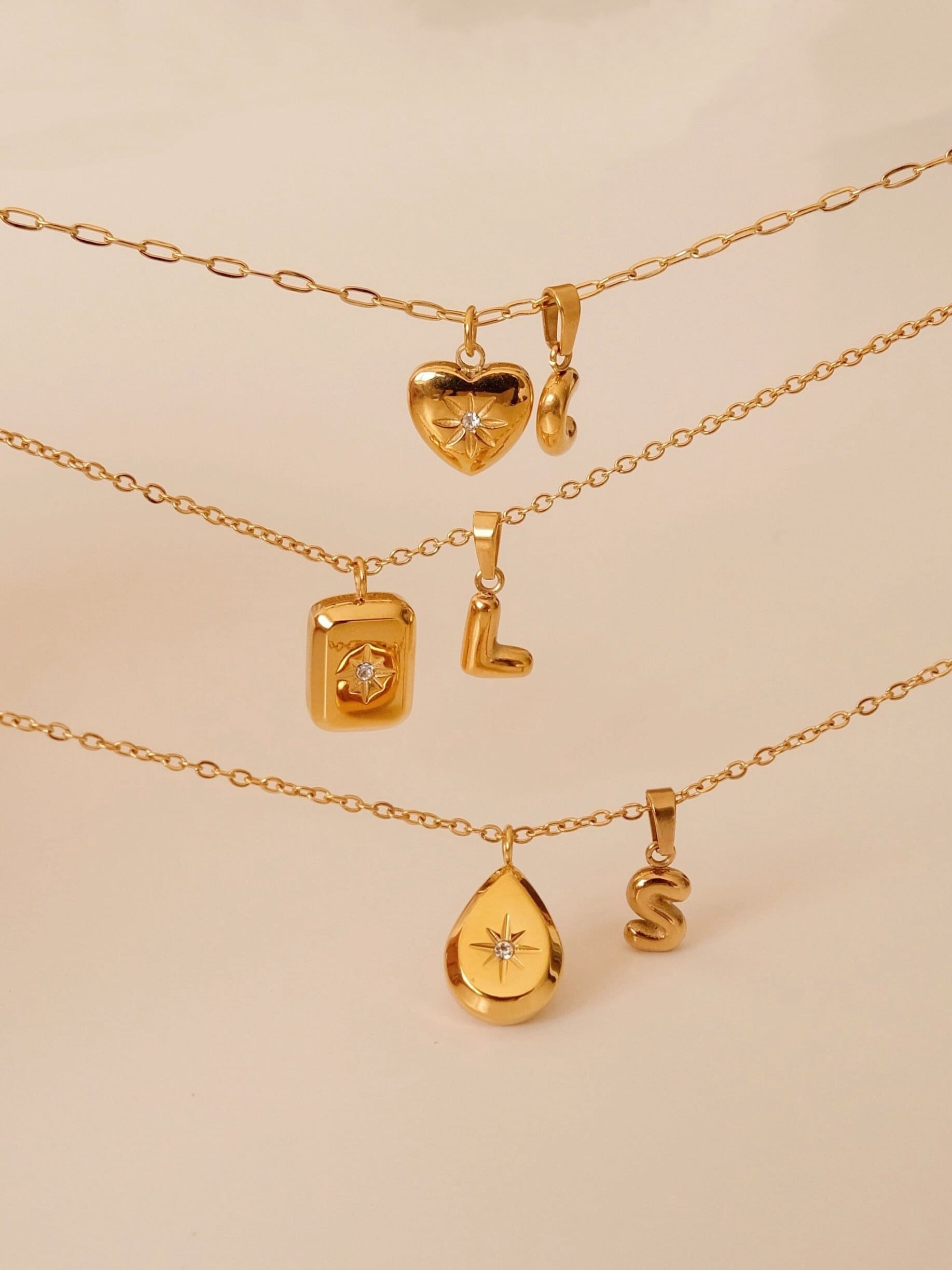 Gold Filled Square Teardrop Heart Necklace, 18k Gold Cz Star