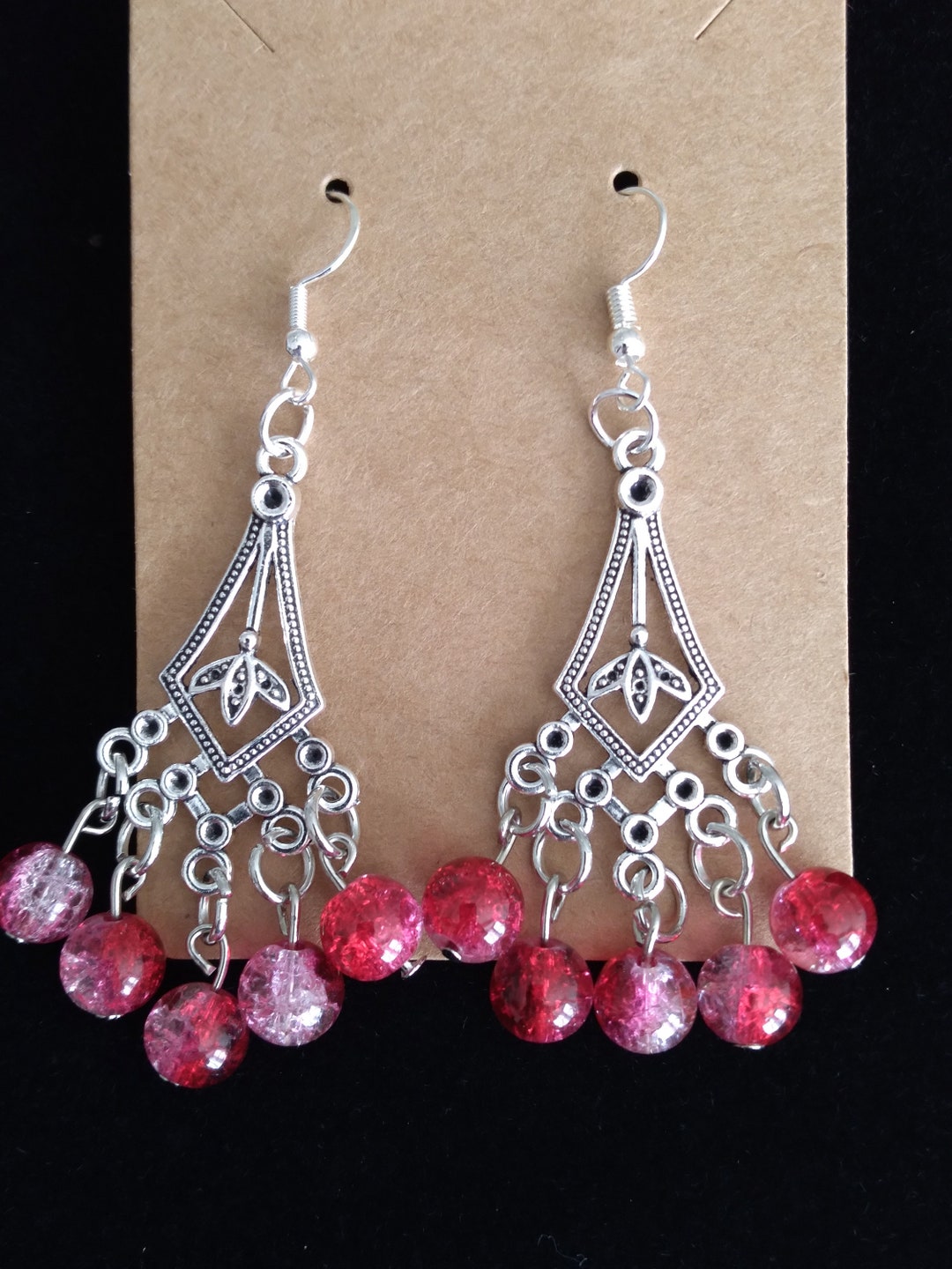 Metal W Red Bead Trim Chandelier Earrings Etsy