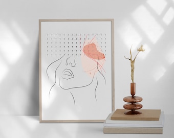 抽象的な女性の顔の線画アートプリント、ミニマリストなボヘミアン風インテリア（デジタルダウンロード）