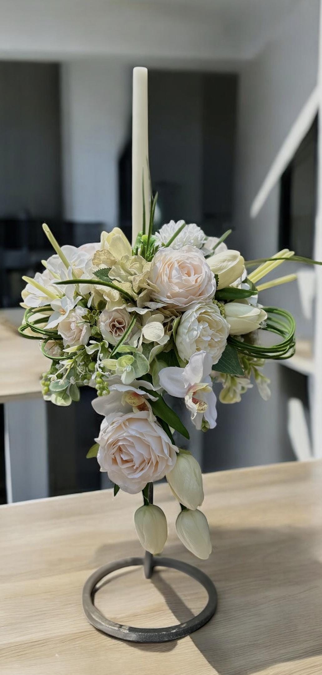 Cream Blush Floral Candle Centerpiece
