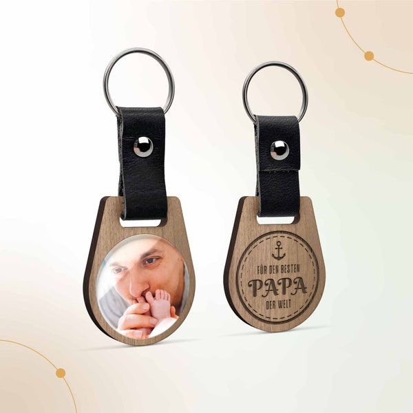 Dad wooden keychain with favorite photo & anchor | Dad Gift Pendant for Father's Day and Birthday with Best Dad in the World Engraved