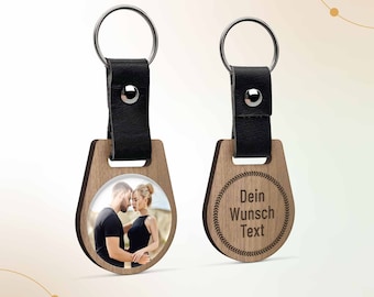 Key ring made of wood personalized with photo and text of your choice | Gift for girlfriend boyfriend partner announcement birth birthday family