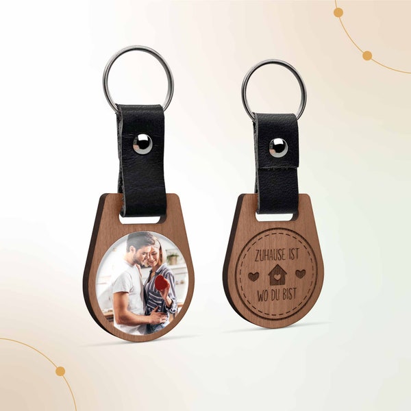 Photo keychain with "Home is where you are" engraving | Wood gift personalized with photo | Birthday Move In Moving Christmas