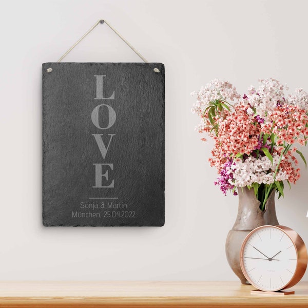 Ardoise d’amour personnalisée comme cadeau de couple | Idée de cadeau romantique pour les partenaires - avec nom et date | Décoration résidentielle en ardoise