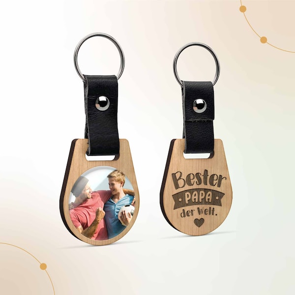 Bester Papa der Welt Schlüsselanhänger | Keychain aus Holz mit Gravur und Foto personalisiert | Fotogeschenk Sohn Tochter Vater Ehemann Mann
