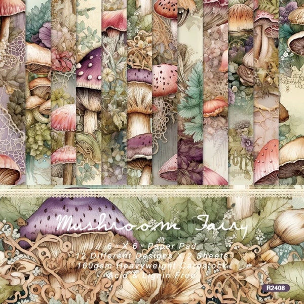 Mushrooms Cardstock Set 24 Sheets Fairy Forest Enchanting Shabby Chic Scrapbook 6"x6" Paper Pad Card Stock Junk Journal Crafts 160gsm