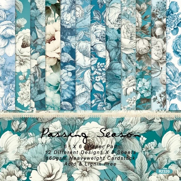 Blue Flowers Cardstock Set Passing Season 24 Sheets Winter Bloom Shabby Chic Scrapbook 6"x6" Paper Pad Card Stock Junk Journal Crafts 160gsm
