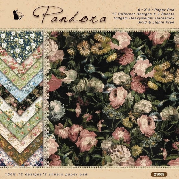 Pandora Cardstock Set 24 Sheets Card Stock Paper Flowers Vintage Shabby Chic Scrapbooking 6"x6" Paper Pad Junk Journal Crafts 160gsm