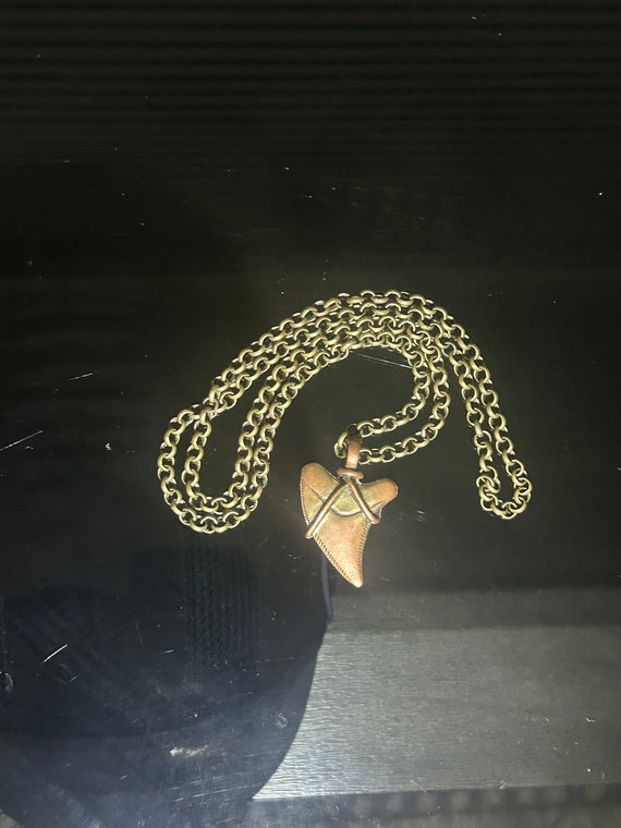 Bronze Shark Tooth Necklace, Brass Chain Charm Ne… - image 2