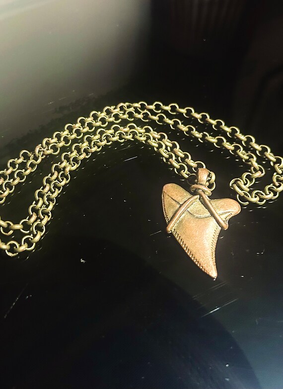 Bronze Shark Tooth Necklace, Brass Chain Charm Ne… - image 1