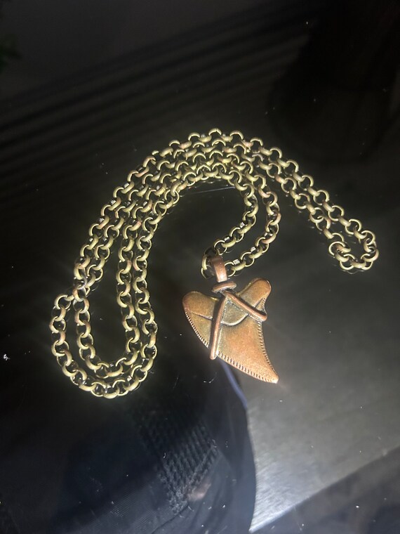 Bronze Shark Tooth Necklace, Brass Chain Charm Ne… - image 3