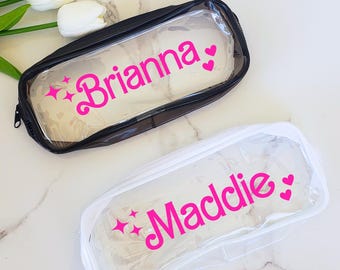 Estuche transparente personalizado para lápices para niñas, estuche para lápices para la vuelta al cole, bonito organizador escolar para material escolar con cremallera.