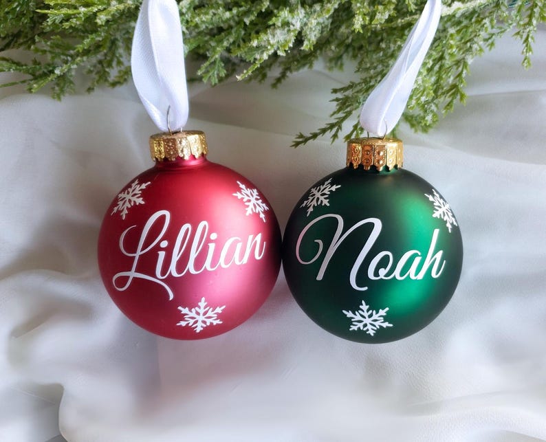 Christmas Red Name Ornaments, Personalized Christmas Glass Ornaments, Holiday Time, Custom Christmas Ornaments, Red, Blue, Burgundy Red Dark Pink Matte