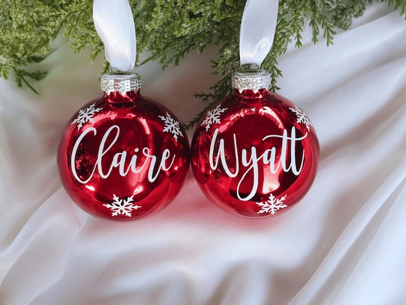 Christmas Red Name Ornaments, Personalized Christmas Glass Ornaments, Holiday Time, Custom Christmas Ornaments, Red, Blue, Burgundy Red Red Shiny