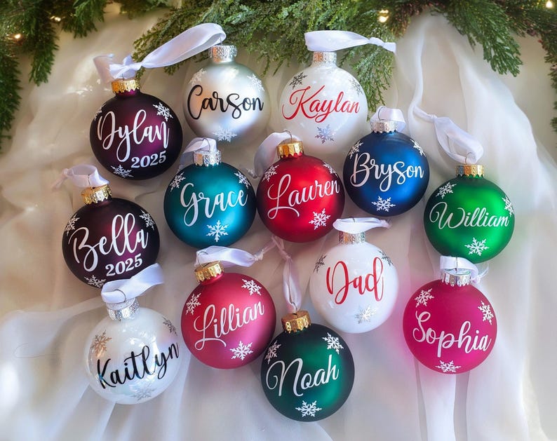 Christmas Red Name Ornaments, Personalized Christmas Glass Ornaments, Holiday Time, Custom Christmas Ornaments, Red, Blue, Burgundy Red image 1