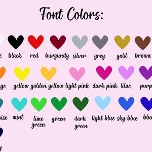 Puede incluir: Una tabla de colores titulada Font Colors que presenta veinticinco iconos de corazones en varios tonos, incluyendo blanco, negro, rojo, burdeos, plata, gris, oro, marr&oacute;n, naranja, amarillo, amarillo dorado, rosa claro, rosa oscuro, lila, morado, turquesa, menta, verde lima, verde, verde oscuro, azul claro, azul cielo, azul y azul marino.
