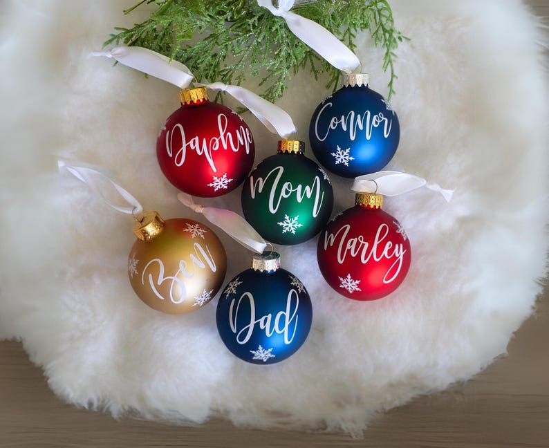 Christmas Red Name Ornaments, Personalized Christmas Glass Ornaments, Holiday Time, Custom Christmas Ornaments, Red, Blue, Burgundy Red Gold Matte