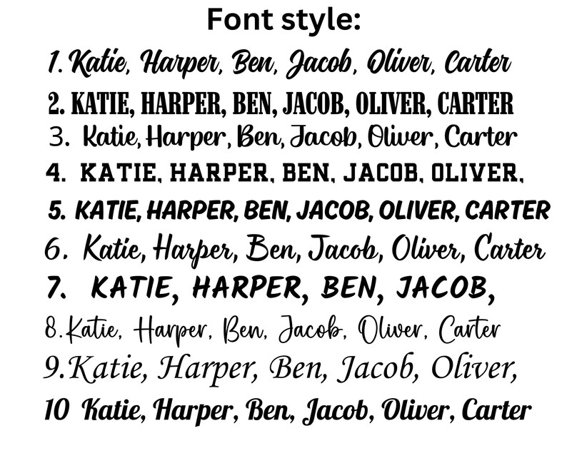May include: A black text chart titled Font style displaying ten numbered rows of names including Katie, Harper, Ben, Jacob, Oliver, and Carter. Each row features a distinct typeface, ranging from cursive scripts to bold, blocky, and serif lettering styles.