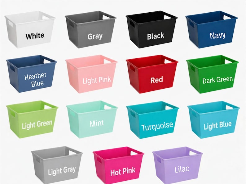 May include: A collection of fourteen rectangular plastic storage bins with integrated side handles, displayed in a grid. Each bin is a solid color, labeled with text: White, Gray, Black, Navy, Heather Blue, Light Pink, Red, Dark Green, Light Green, Mint, Turquoise, Light Blue, Light Gray, Hot Pink, and Lilac.
