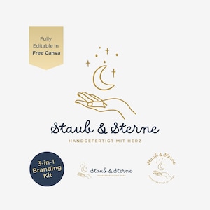 3 in 1 Moon Logo Template Canva | Celestial Branding Kit Handmade Shop | Mystical Logo Design Witchy | Magical Stars Hand Jewelry SVG