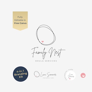 Könnte beinhalten: Ein Branding-Kit für Doula-Dienste mit dem Text Family Nest und Luna Sommer in Schreibschrift. Das Design umfasst eine handgezeichnete kreisförmige Kontur mit einem kleinen rosa Herz, ein goldenes Banner mit der Aufschrift Fully Editable in Free Canva und einen dunkelblauen Kreis mit der Beschriftung 4-in-1 Branding Kit.