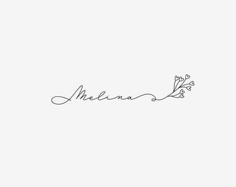 May include: A handwritten name "Melina" with a delicate floral design featuring small hearts.