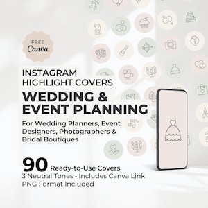 May include: A digital collection of 90 Instagram highlight covers for wedding and event planning, featuring neutral-toned circular icons with line art symbols like dresses, rings, and cakes, displayed on a smartphone screen and background.