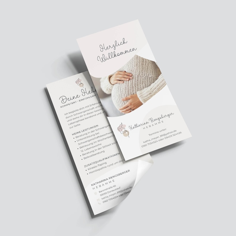 Vorgefertigtes Hebammen- und Doula-Logo mit Silhouette einer Schwangeren | Flyer Din lang