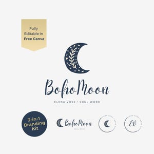 3 in 1 Boho Moon Logo Template Canva | Celestial Branding Kit Soul Work | Mystical Spiritual Logo Design | Astrology Yoga Coach SVG