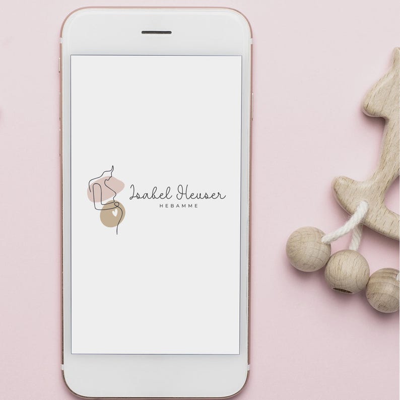 Zartes vorgefertigtes Hebammen- und Doula-Logo mit Silhouette einer schwangeren Frau. Personalisierbares Design in Wunschfarben, geeignet für familienorientierte Dienstleistungen.