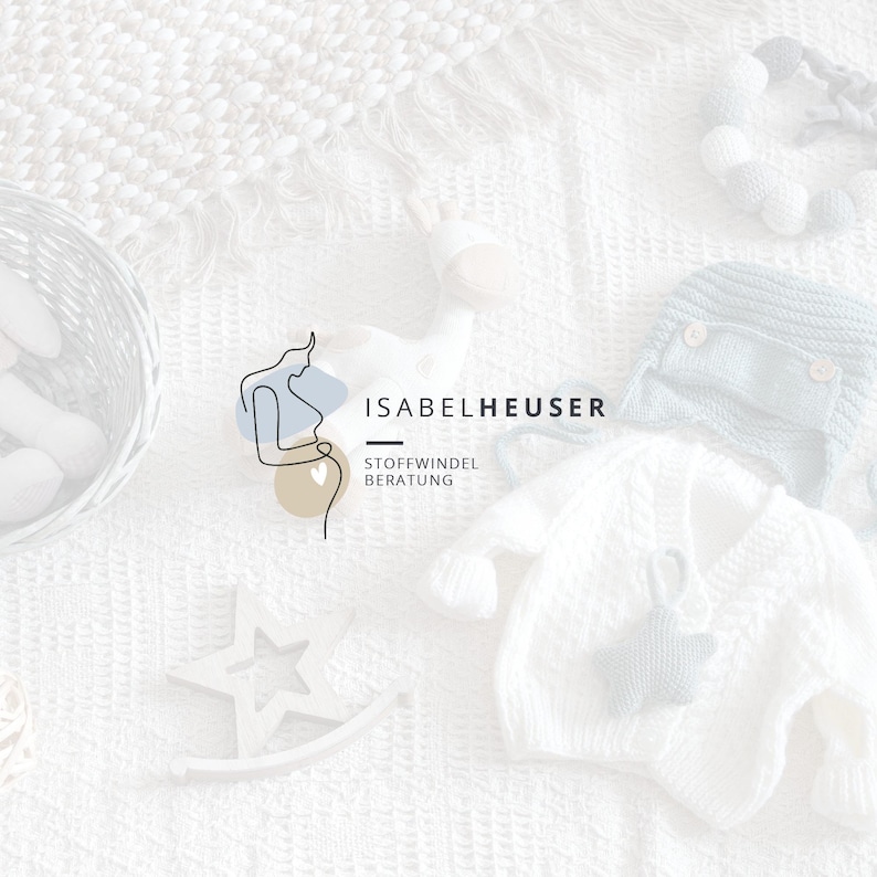 Zartes vorgefertigtes Hebammen- und Doula-Logo mit Silhouette einer schwangeren Frau. Personalisierbares Design in Wunschfarben, geeignet für familienorientierte Dienstleistungen.