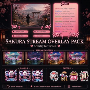 Könnte beinhalten: Ein digitales Sakura Stream Overlay Pack für Twitch mit einer japanischen Landschaft mit Kirschblüten. Enthält Stream-Bildschirme, Panels und Emotes. Das Design hat ein rosa und lila Farbschema mit dem Text "Sakura Stream Overlay Pack".