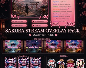 May include: A digital Sakura Stream Overlay Pack for Twitch, featuring a Japanese landscape with cherry blossoms. Includes stream screens, panels, and emotes. The design has a pink and purple color scheme with the text "Sakura Stream Overlay Pack".