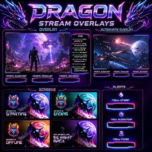 Celestial Dragon Stream Pack: Electric Purple & Blue Twitch Overlays