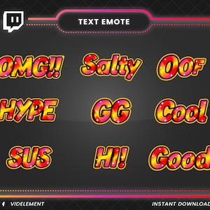 Text emote, twitch text emotes, twitch emote, discord emote, omg emote, GG emote, Salty emote, oof emote, SUS emote, hype emote, emote pack