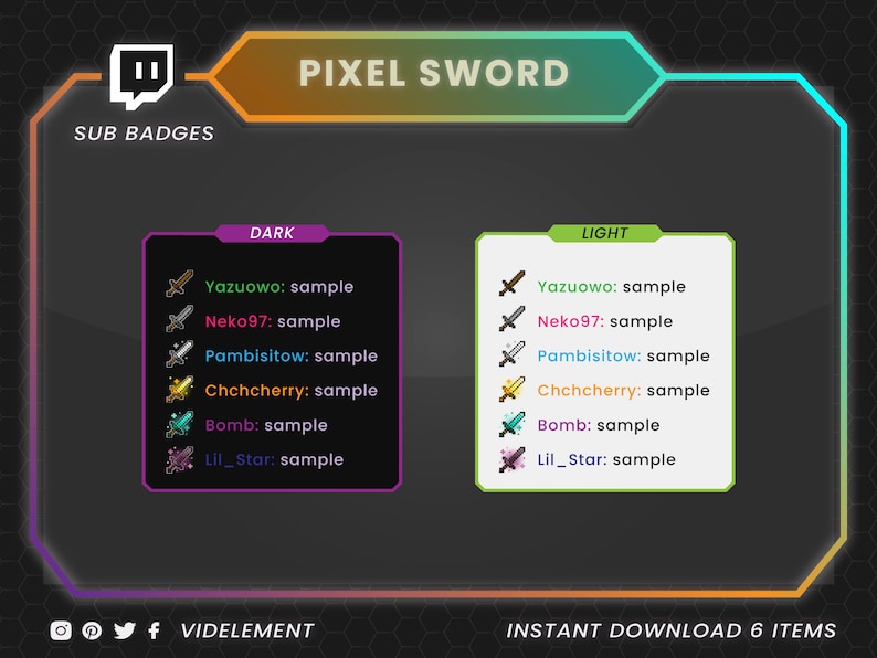 Puede incluir: Un dise&ntilde;o de superposici&oacute;n de Twitch para un streamer con el t&iacute;tulo "Pixel Sword" y una secci&oacute;n para insignias de suscriptores. La superposici&oacute;n tiene un tema oscuro y claro con una variedad de iconos de espadas de p&iacute;xeles de colores. El texto "Descarga instant&aacute;nea 6 art&iacute;culos" est&aacute; en la parte inferior de la superposici&oacute;n.