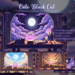 May include: Digital art featuring a black cat on a table with a crystal ball, books, and candles. The background shows a night sky with a full moon and clouds. Text reads "Cute Black Cat" and "7-screens overlays for your stream."