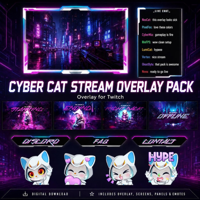 May include: A digital download graphic for Twitch streamers. The "Cyber Cat Stream Overlay Pack" includes overlays, screens, panels, and emotes. The design features a futuristic cityscape with neon lights and cat-themed graphics. The pack includes starting, ending, and offline screens.