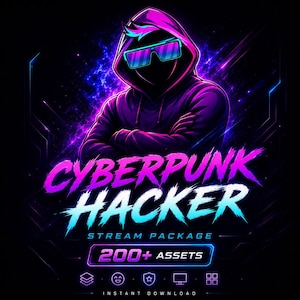 Puede incluir: Ilustración digital de una figura encapuchada con gafas futuristas, con el texto "CYBERPUNK HACKER" en rosa y azul vibrantes. La imagen incluye el texto "STREAM PACKAGE" y "200+ ASSETS" sobre un fondo negro.