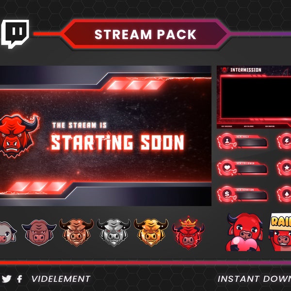 Twitch Overlay, Stream Pack, Büffel Overlay, Stream Overlay, zuckende Emotes, Twitch Warnungen, Twitch Facecam, Twitch Sub Badge, animiertes Emote