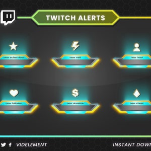 May include: A set of six digital Twitch alerts featuring a dark gray background with neon blue and yellow glowing borders. Each alert includes a white icon and text labels: new subscriber, new raid, new host, new follower, new donation, and new cheer.