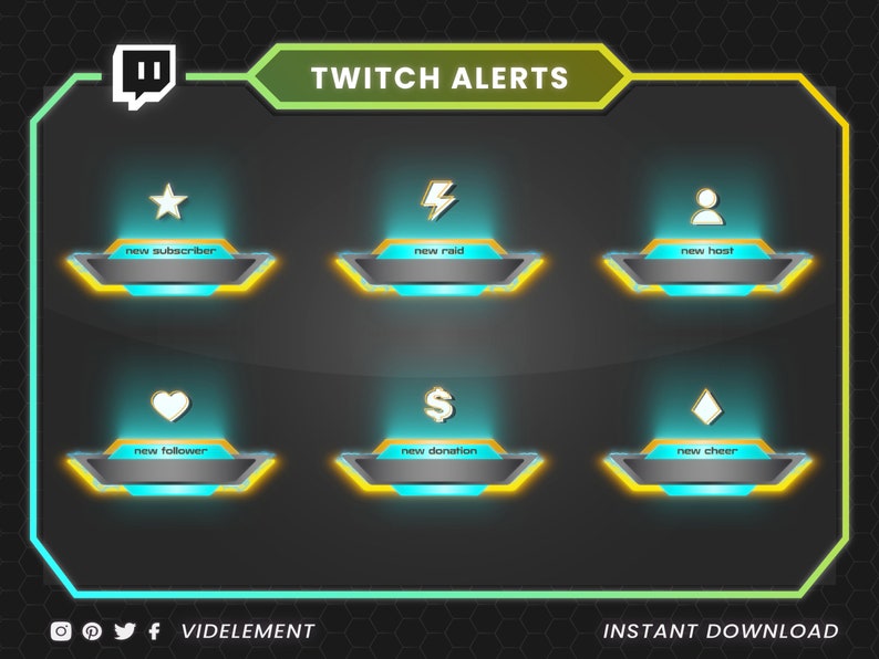 May include: A set of six digital Twitch alerts featuring a dark gray background with neon blue and yellow glowing borders. Each alert includes a white icon and text labels: new subscriber, new raid, new host, new follower, new donation, and new cheer.