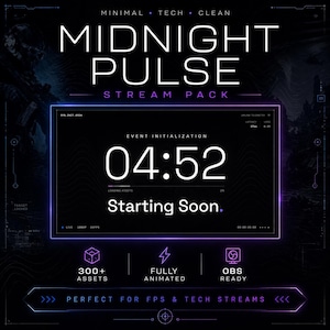 May include: A digital graphic for a "Midnight Pulse Stream Pack" with a dark background and neon blue and purple accents. The graphic includes a countdown timer, the text "Starting Soon," and icons indicating 300+ assets, fully animated features, and OBS readiness.