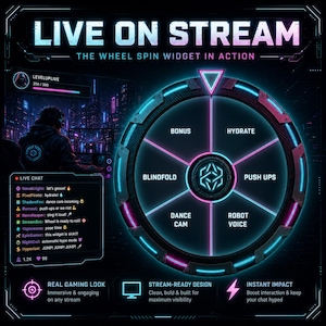 Wheel Spin Stream Widget for Twitch, Kick & YouTube | OBS Browser Source, Chat Commands, Rewards, Giveaway Stream Tool