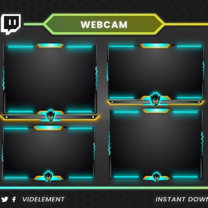 May include: A digital graphic set featuring four rectangular webcam frames with dark gray centers, cyan neon accents, and yellow trim. Each frame includes a small stylized creature icon at the bottom. The layout includes the text WEBCAM and VIDELEMENT.