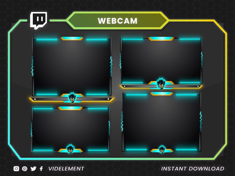 May include: A digital graphic set featuring four rectangular webcam frames with dark gray centers, cyan neon accents, and yellow trim. Each frame includes a small stylized creature icon at the bottom. The layout includes the text WEBCAM and VIDELEMENT.