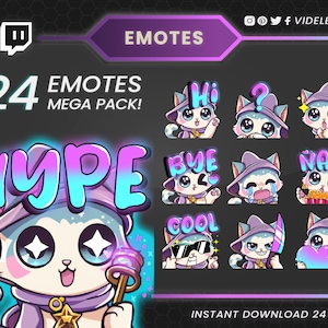 Émoticônes Twitch, sous-émoticônes Twitch, émoticônes discorde, émoticônes texte, émoticônes chat blanc, émoticône chat sorcier, émoticône contraction de chat, émoticône mignon, émoticône chibi