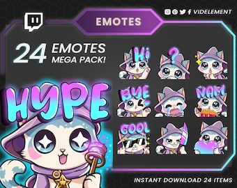 Twitch emotes, twitch sub emotes, discord emotes, text emotes, white cat emotes, wizard cat emote, cat twitch emote, cute emote, chibi emote