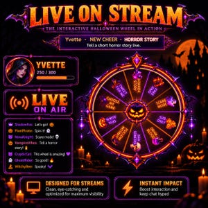 Könnte beinhalten: Eine digitale Grafik für ein interaktives Halloween-Stream-Rad. Die Benutzeroberfläche zeigt ein zentrales Rad mit orangefarbenen und violetten Neonakzenten, umgeben von Chat-Protokollen, einem Benutzerprofil für Yvette und Texten wie LIVE ON STREAM, THE INTERACTIVE HALLOWEEN WHEEL IN ACTION, DESIGNED FOR STREAMS und INSTANT IMPACT.